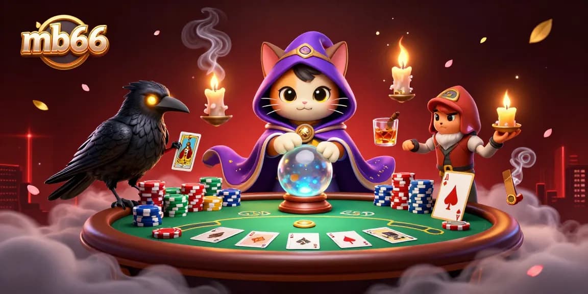 Experience mb66 with a vibrant casino scene featuring a mystical cat, raven, and poker elements.