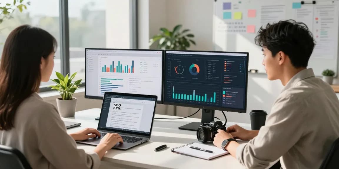 Content strategist analyzing AI SEO tools in a modern workspace with multiple screens displaying analytics and strategies
