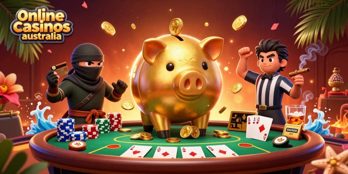 Online casinos Australia - 3D cartoon illustration showcasing unique casino elements and characters alive with action.