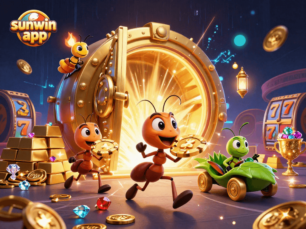 Experience excitement with the sunwin app as ants transport a giant poker chip in a vibrant casino scene.
