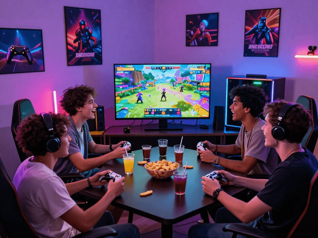 Friends enjoying a multiplayer porngame in a vibrant gaming room with colorful lights.