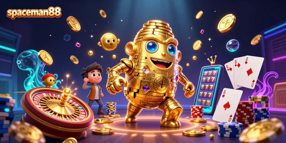Experience the thrill of spaceman88 with a dynamic casino scene featuring luminous characters and rich gaming elements.