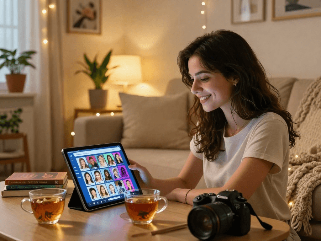 Engaging in an ai porn chat on a tablet in a cozy living room.