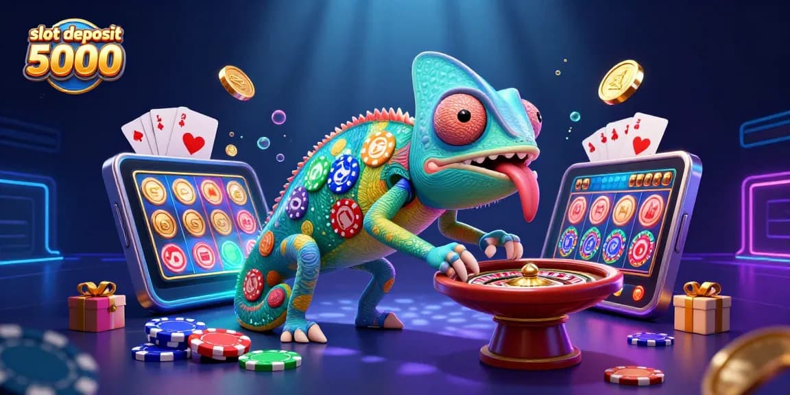 Engage in slot deposit 5000 action with a vibrant scene displaying a chameleon casino owner amidst colorful slot elements and golden coins.