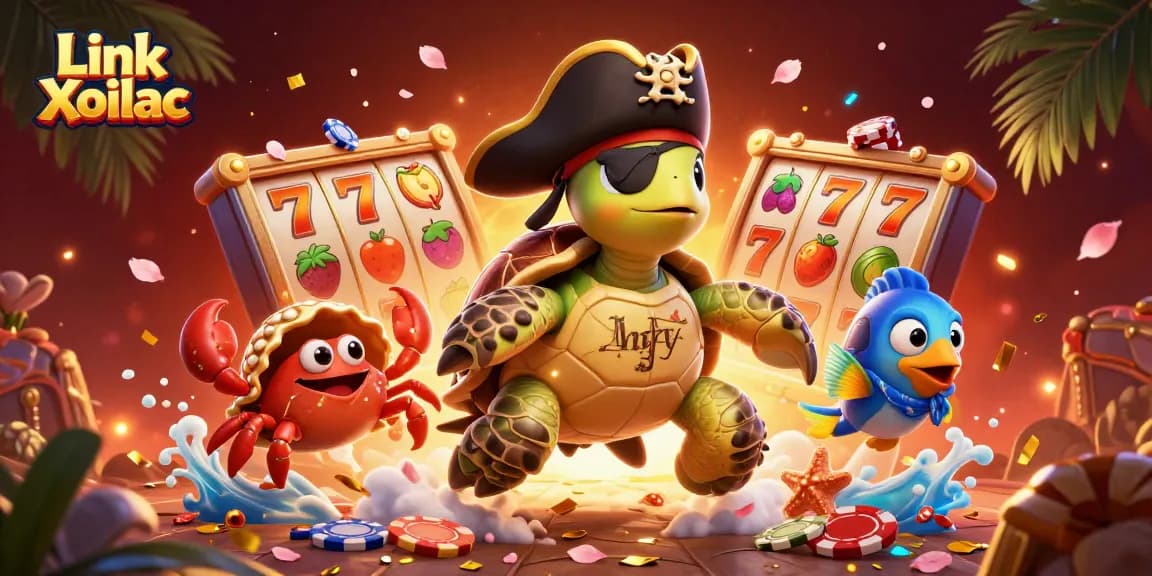 Link Xoilac offers a vibrant scene of a turtle, crab, and fish above casino treasures, engaging players in excitement.