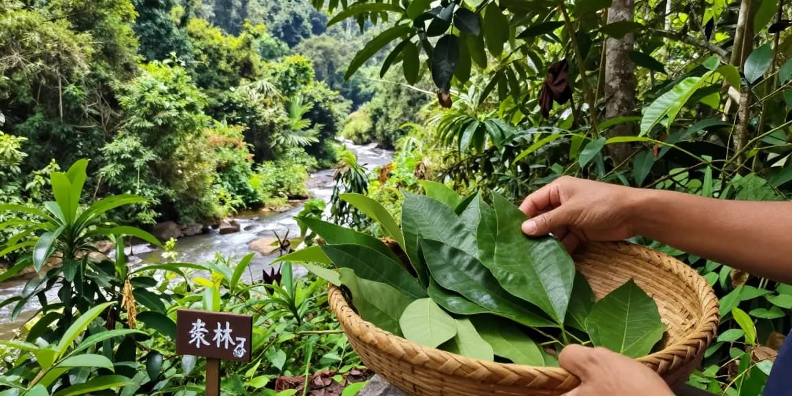 Harvesting this green malay kratom in serene Malaysian rainforest with lush greenery.
