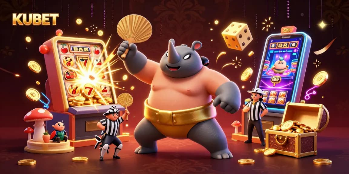 KUBET's vibrant digital illustration showcases a rhinoceros beetle sumo champion amidst an explosion of coins, enhancing the casino experience.