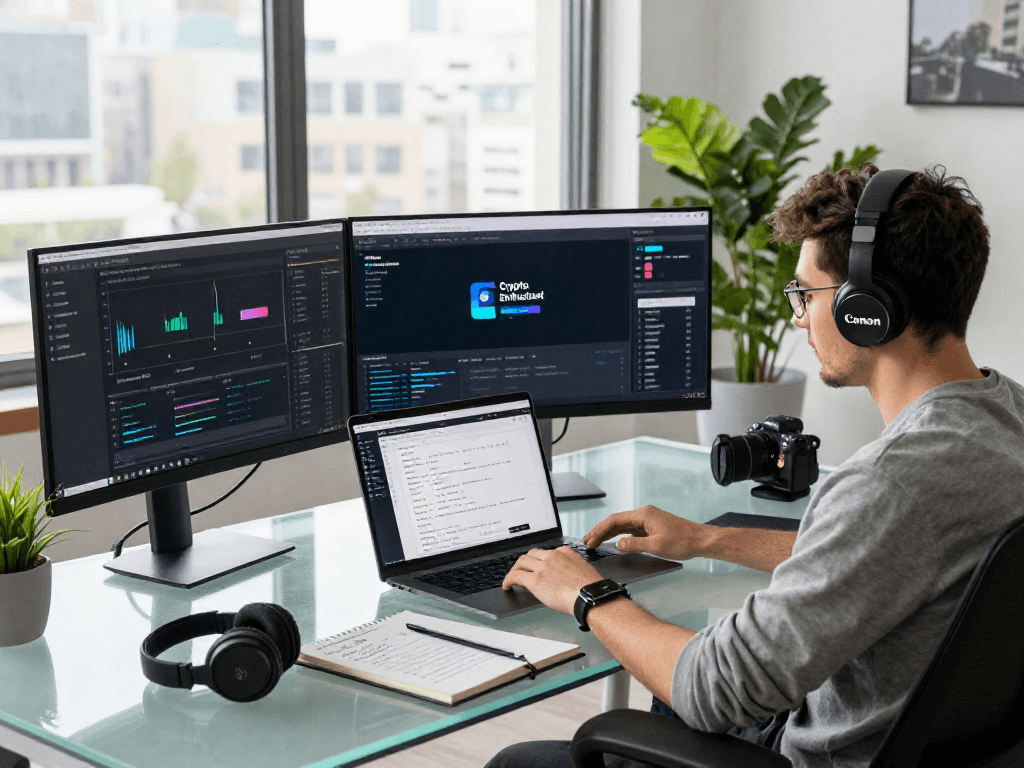 Tornado Cash workspace featuring a developer interacting with blockchain technology and privacy features, illustrating financial innovation in 2026.
