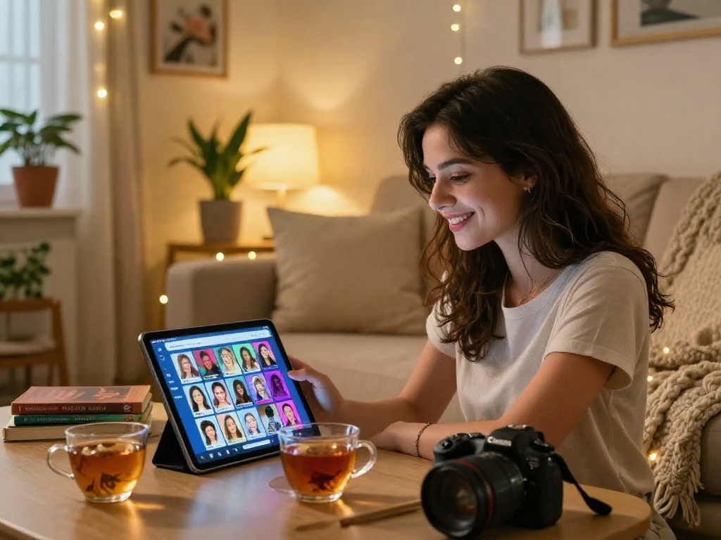 Engaging in an ai porn chat on a tablet in a cozy living room.