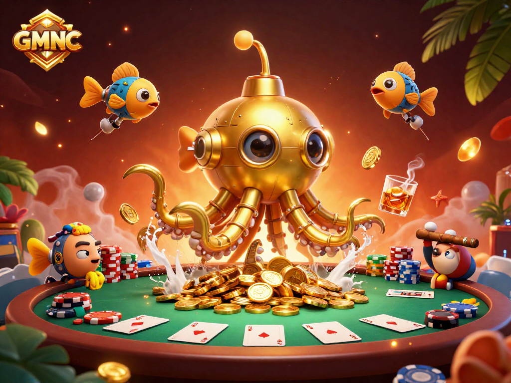 GMNC reveals the excitement of online poker with a golden kraken submarine illustration.