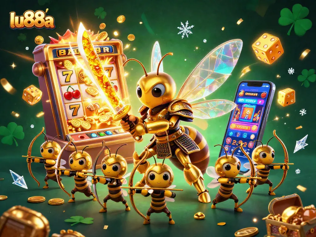 Experience the excitement of lu88a with a captivating illustration of a golden hornet samurai amidst casino treasures.