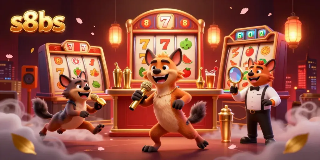 Enjoy the s8bs casino experience while the hyena stand-up act entertains amidst vibrant slot machines.