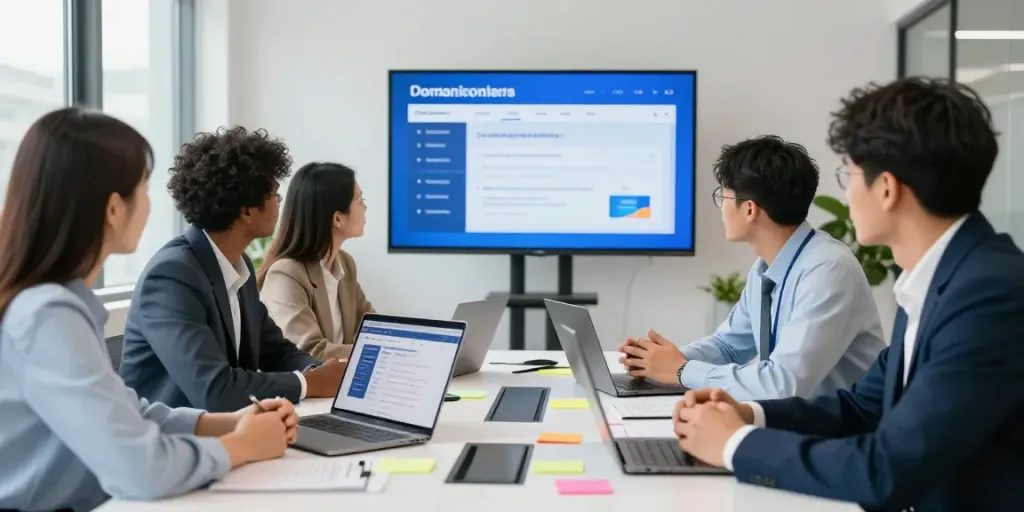 Team collaborating on .uk domain registration strategies in a modern office.