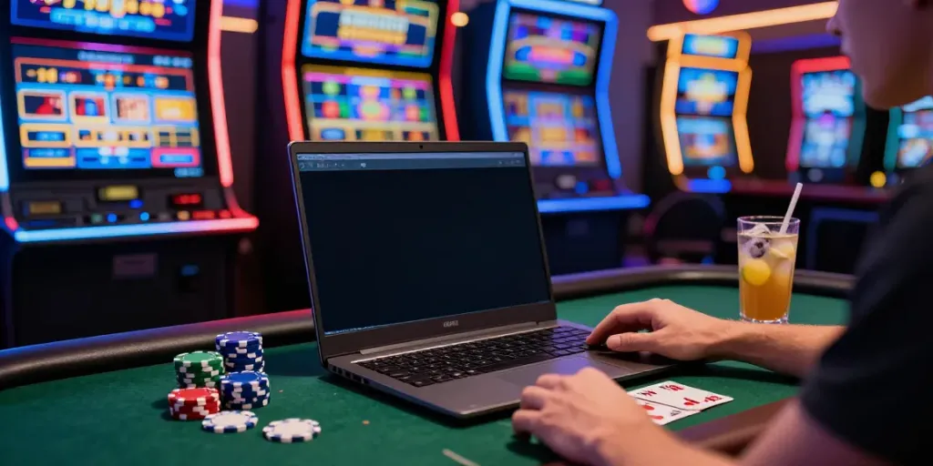Player enjoying online gaming on https://tx88bet.vip/ with vibrant graphics and poker chips.
