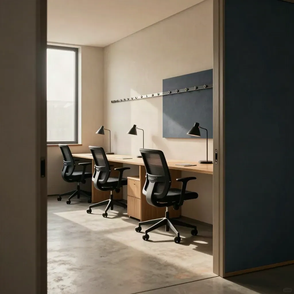 Calm permanent office floor with aligned chairs, coat hooks and morning window light
