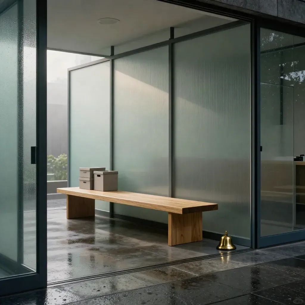 Empty talent suite with frosted pods, oak bench, brass bell and rain-lit glass lobby.