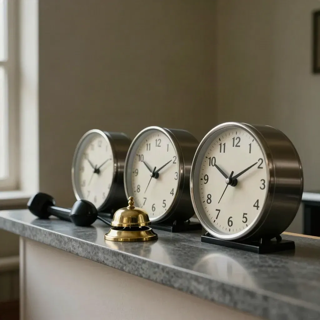 Three clocks, a brass bell and docked handset on stone in moody haze