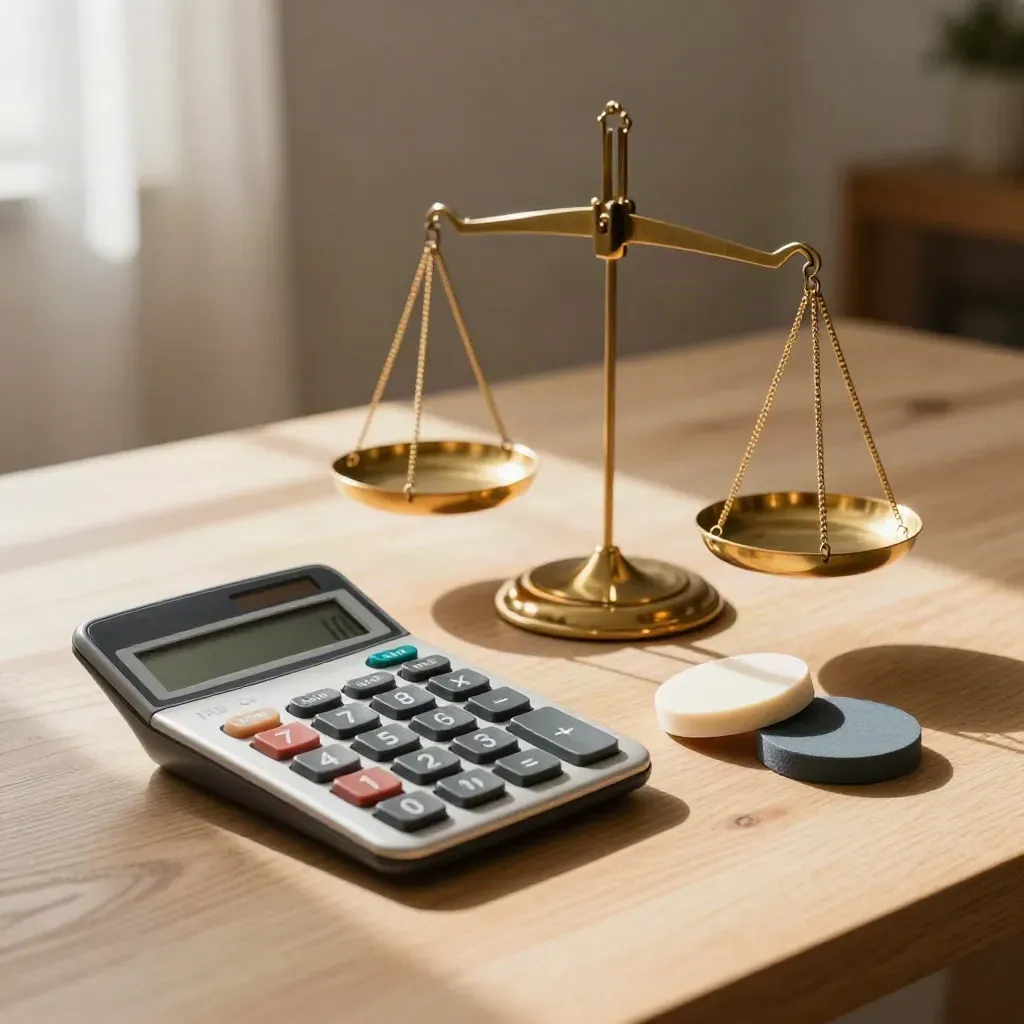 Calculator, brass balance scale and slate pay-band chips on pale wood in warm window light.