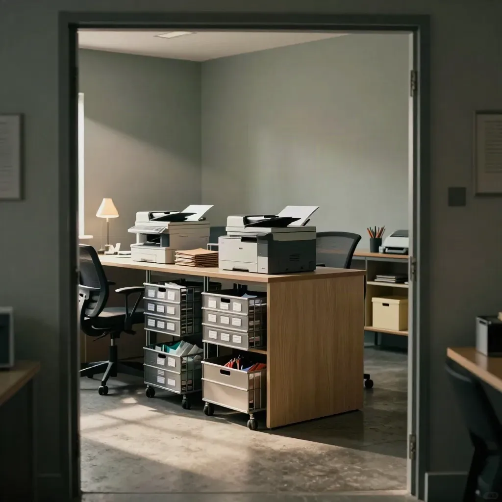 Empty recruitment admin suite with aligned trays, idle printers and warm late-afternoon light.