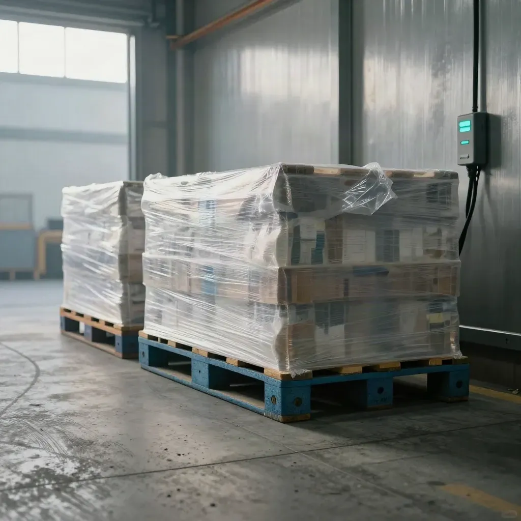 Sealed pallets, charger wall and clear forklift lane in a warehouse bay