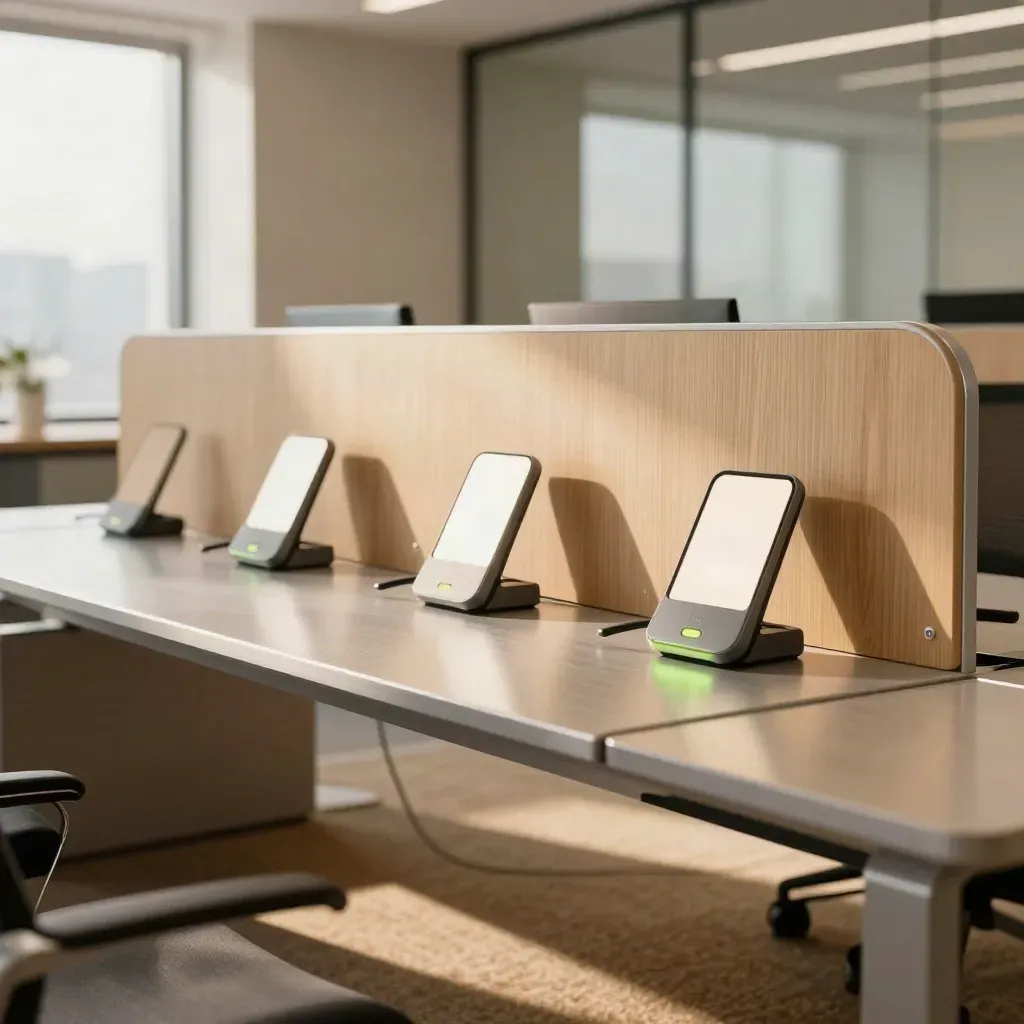 Macro of a polished sales pod with lit workstations, docked phones and glass meeting room hardware.
