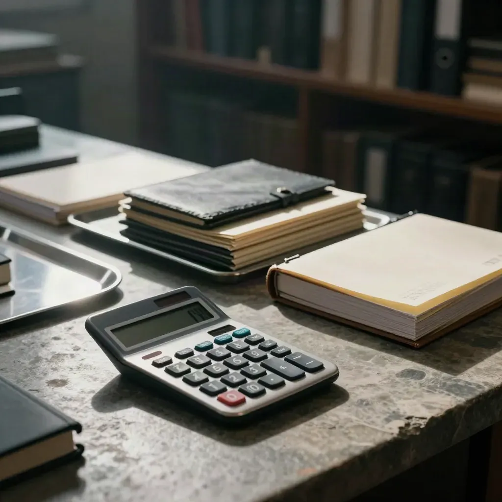 Stone desk, calculator, ledger blocks and file wallets in a moody finance enclave.