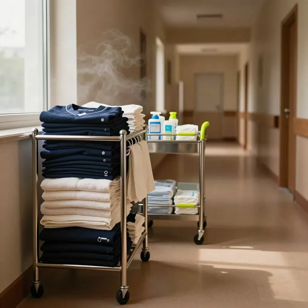 Ready care home prep bay with uniforms, stocked trolley and softly lit corridor