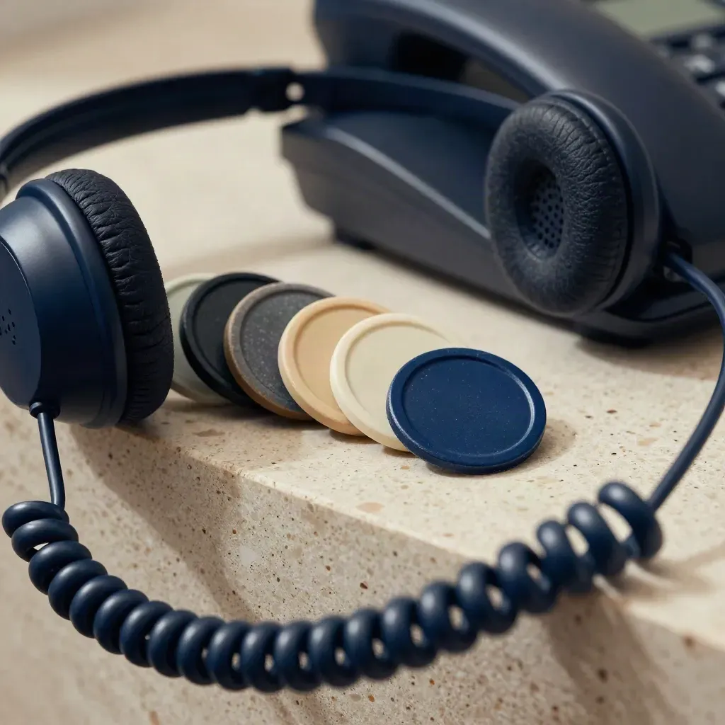 Macro of a headset, desk phone and color-coded candidate tokens on pale travertine.