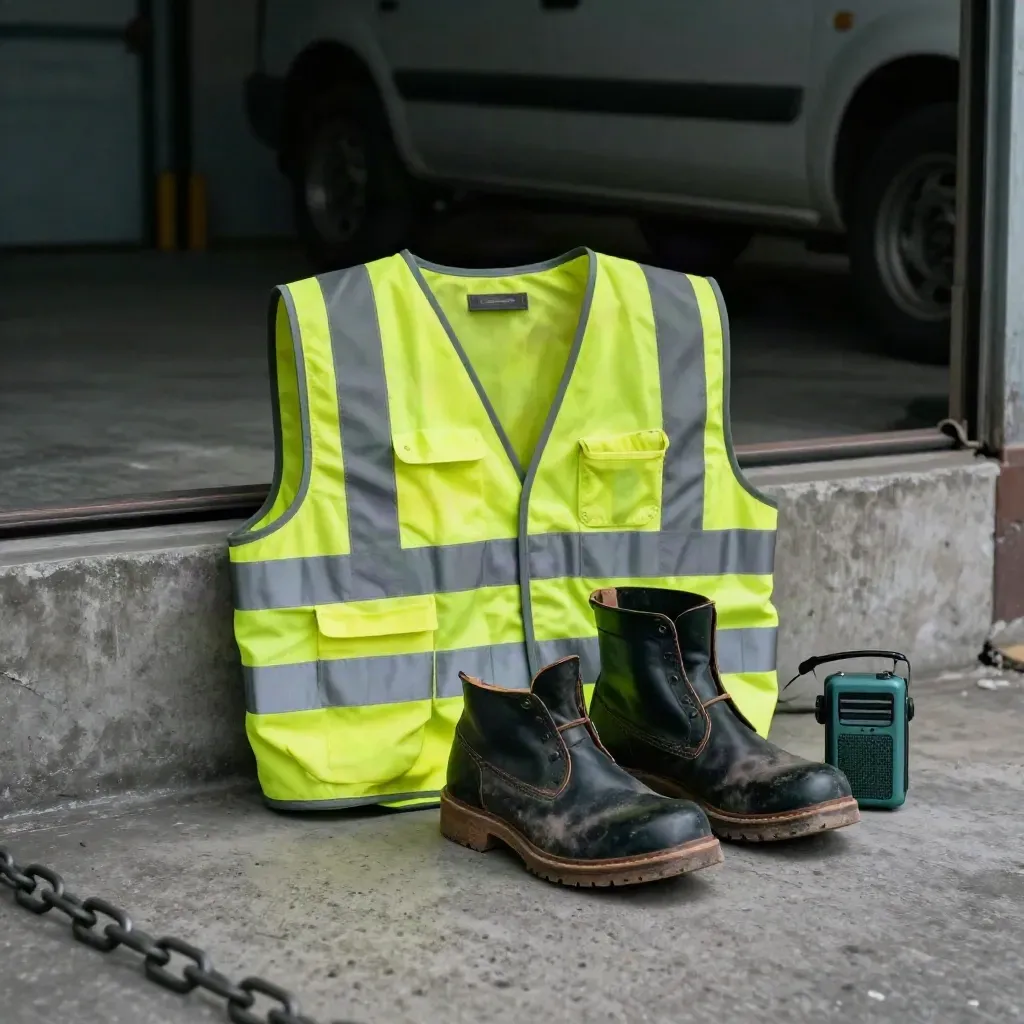 Steel-toe boots, folded hi-vis vest and warehouse radio on concrete by a loading door.