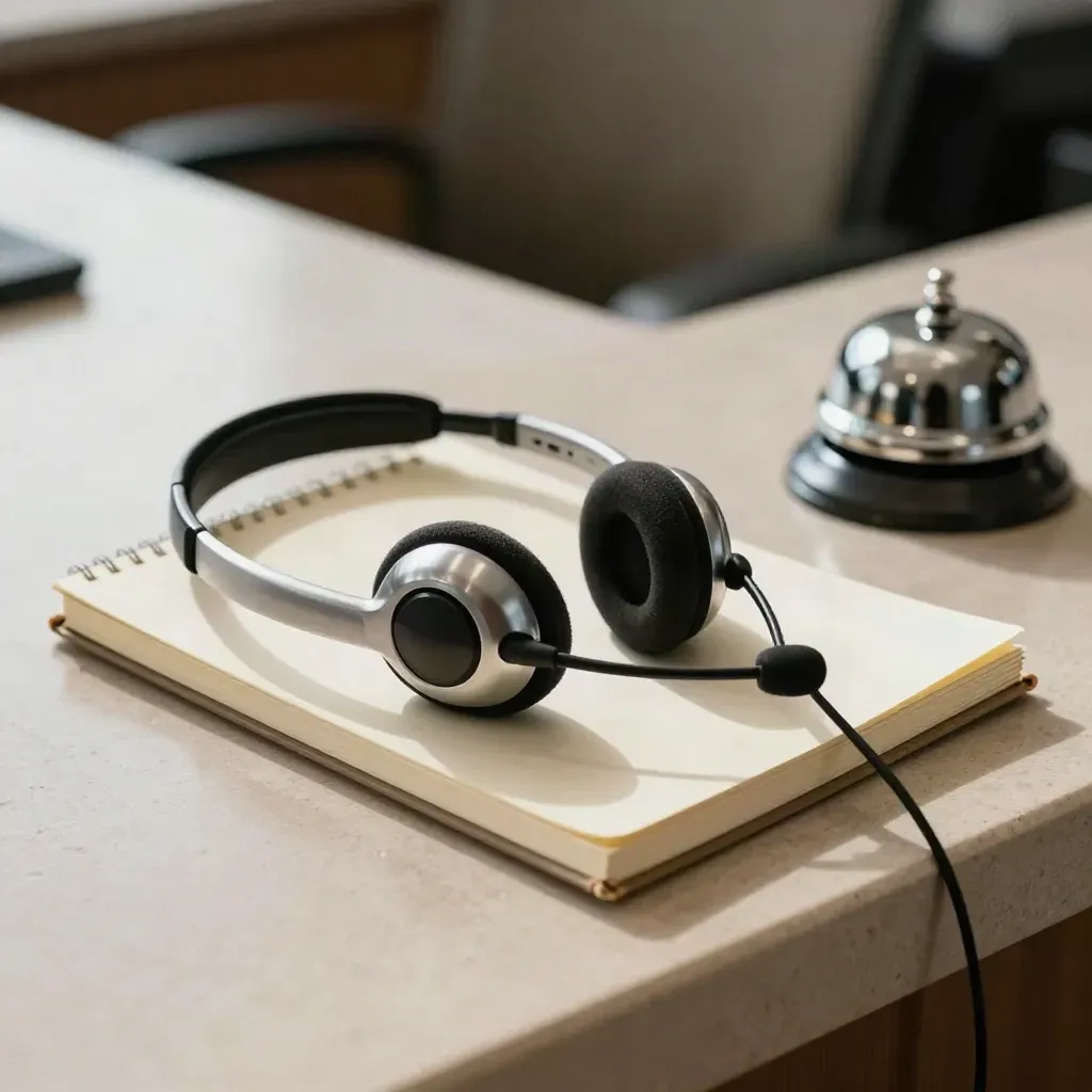 Chrome headset, closed notebook and bell on pale stone in a quiet recruitment office.