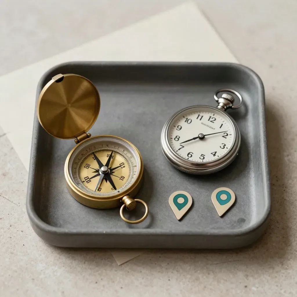 Overhead still life of a compass, pocket watch and location markers in a shallow tray.