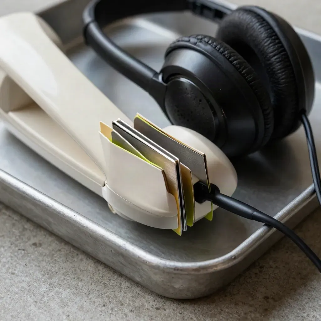 Headset, phone handset, and clipped folder tabs in a metal tray