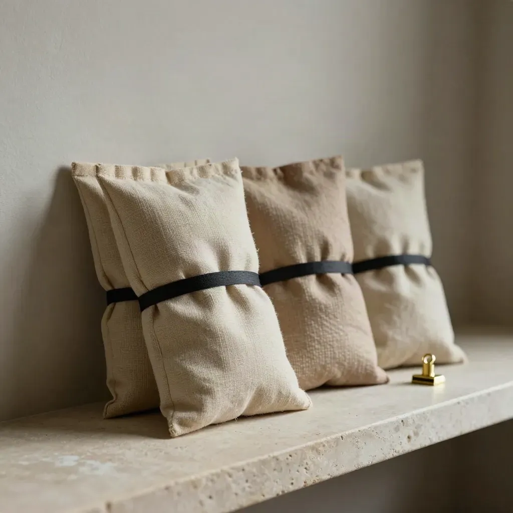 Three sealed linen sleeves tied with a black band beside a brass clip on a stone shelf.