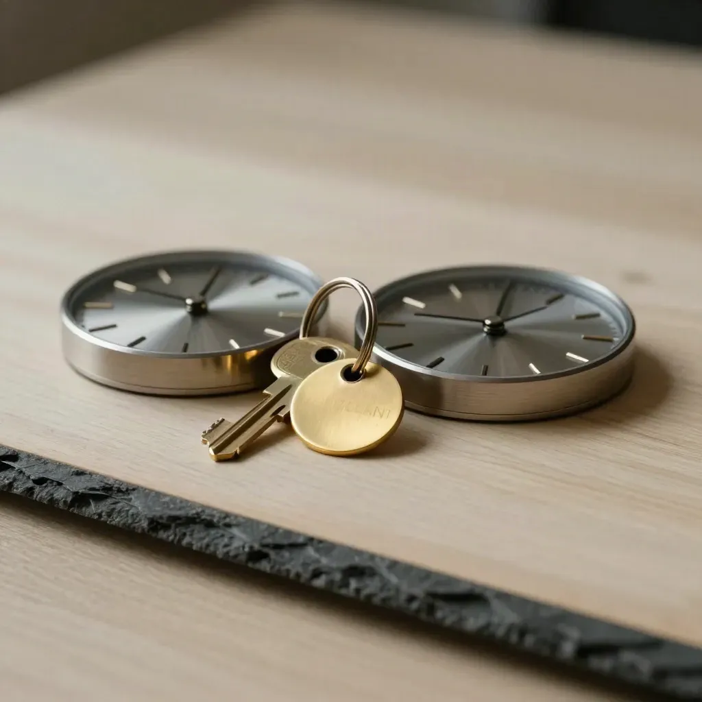 Brass key ring, aligned clock faces, and approval token on pale wood