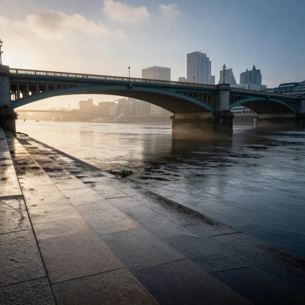Hazy dawn Thames with bridge and skyline above wet riverside stone, golden light and calm copy space