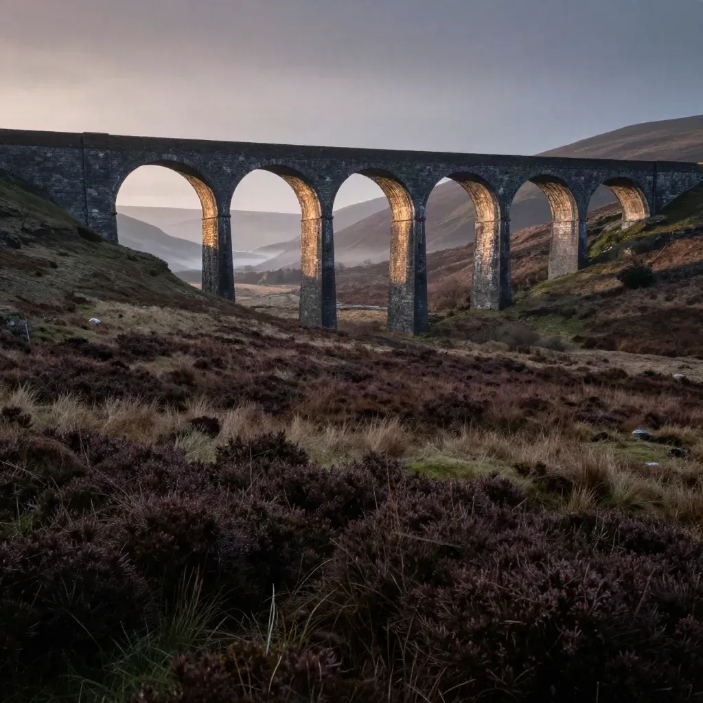 Yorkshire viaduct over misty moorland with calm valley space below
