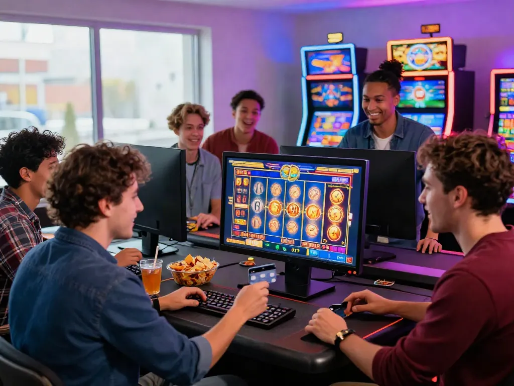 Excited group playing slots that accept credit cards online, vibrant gaming atmosphere.