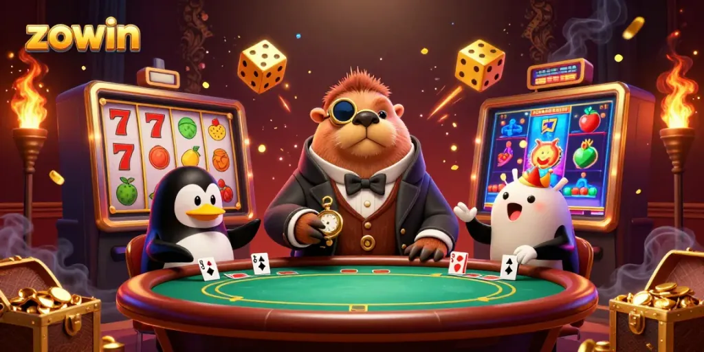Zowin casino scene with a walrus, penguin dealer, and pufferfish at an underwater poker table celebrating wins.