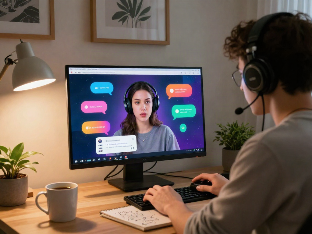 Engaging AI porn chat session in a cozy home office setting