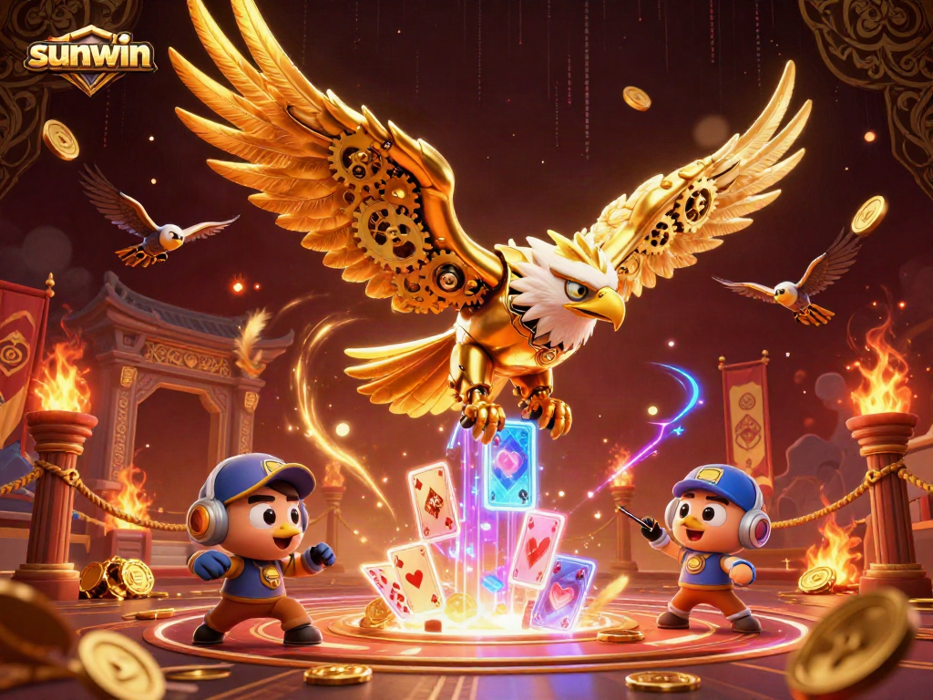 Engage with sunwin's thrilling casino experience featuring a cybernetic eagle amidst vibrant gaming elements.