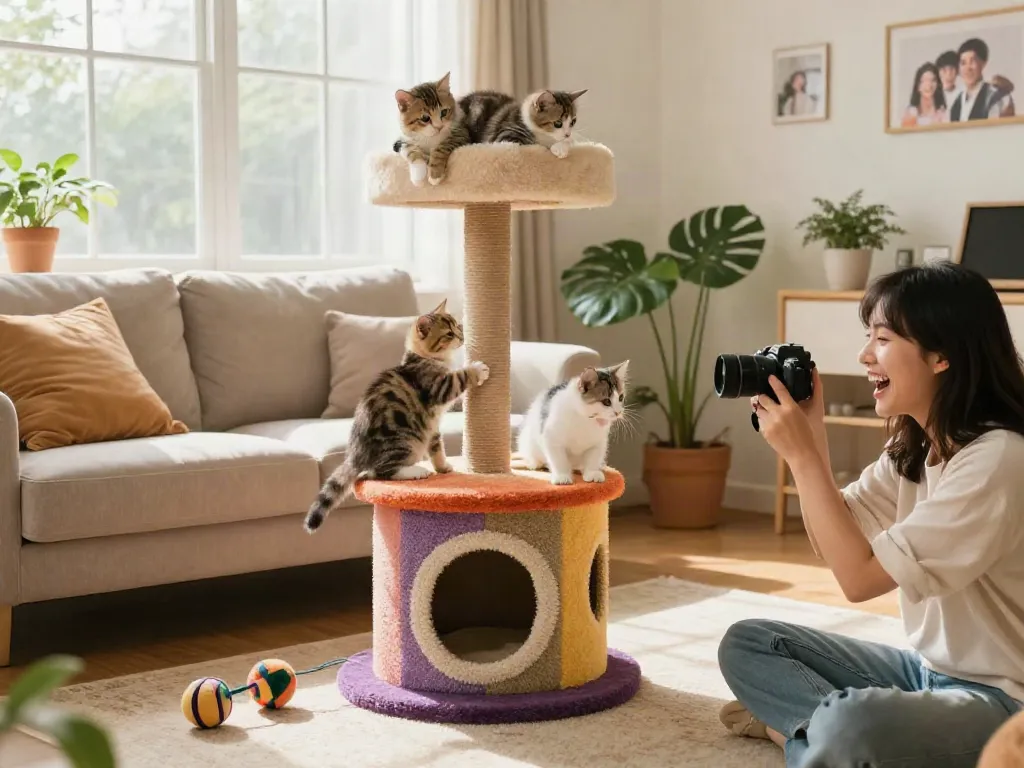 Engaging scene of kittens playing on a cat cat tree in a cozy living room.