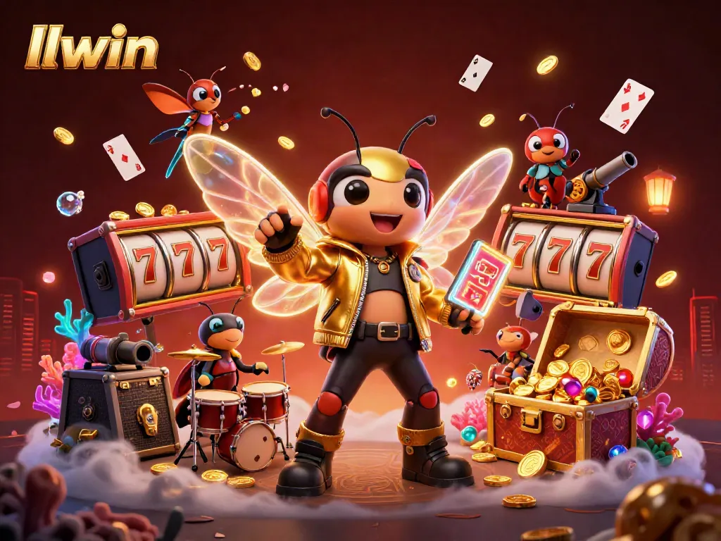 Experience the excitement of llwin with a vibrant casino-themed 3D illustration featuring dynamic game elements and characters.
