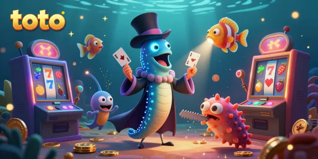 Toto-inspired deep-sea casino illustration showcasing playful eels and slot machines.