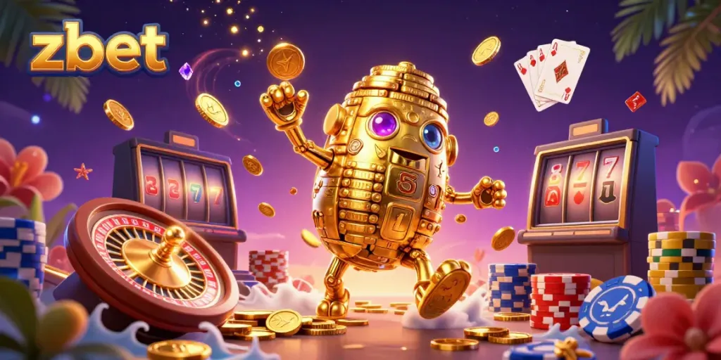 Experience thrilling gameplay with ZBET's vibrant casino scene featuring golden coins and a dazzling golem.