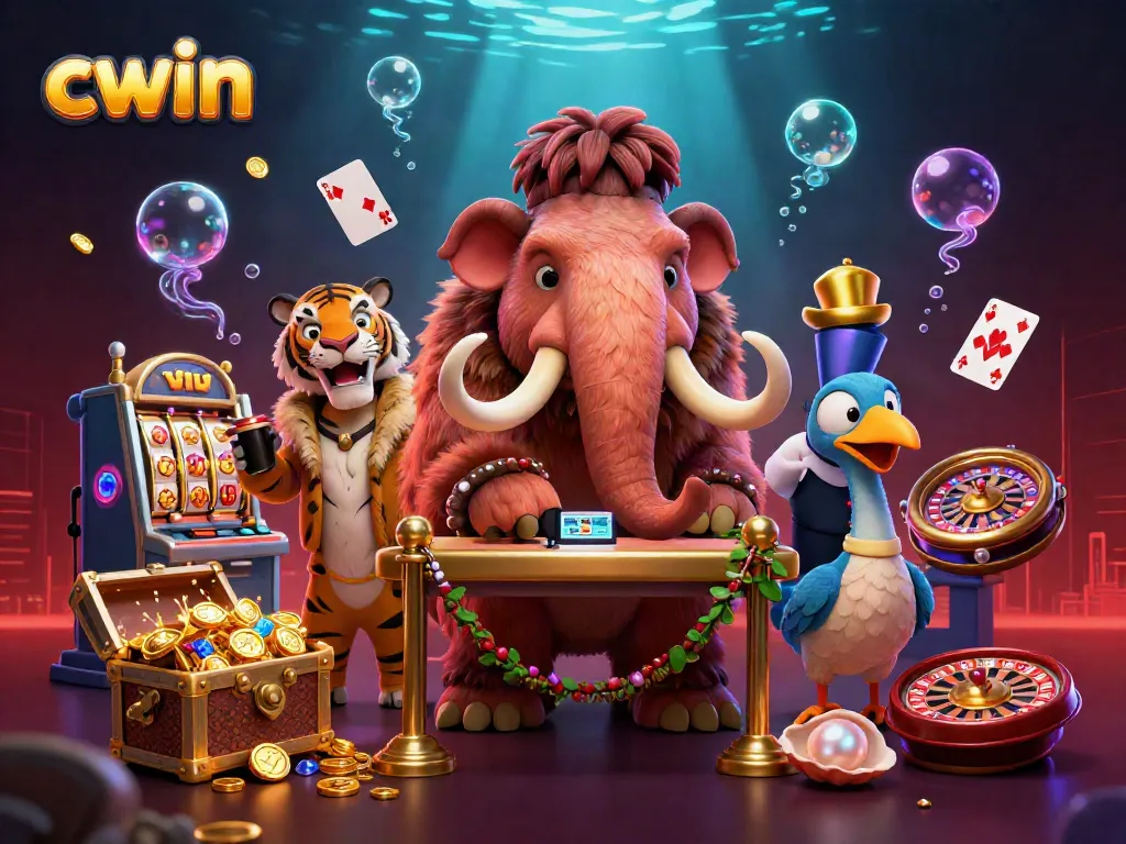Experience the vibrant casino world of CWIN with a playful 3D bouncer, VIP tiger, and dodo doorman.