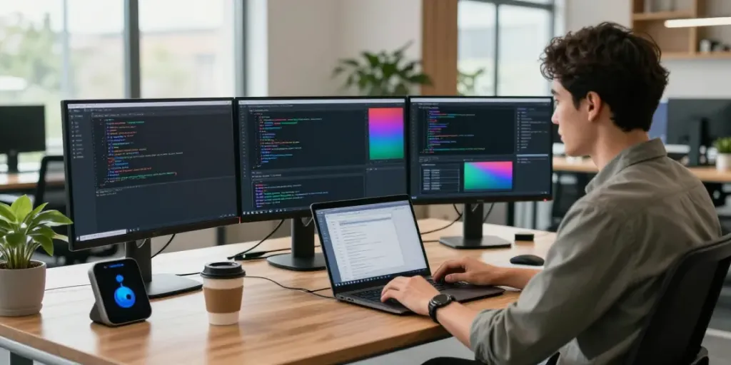 Young professional optimizing instant indexing in a modern workspace with multiple screens and natural light.