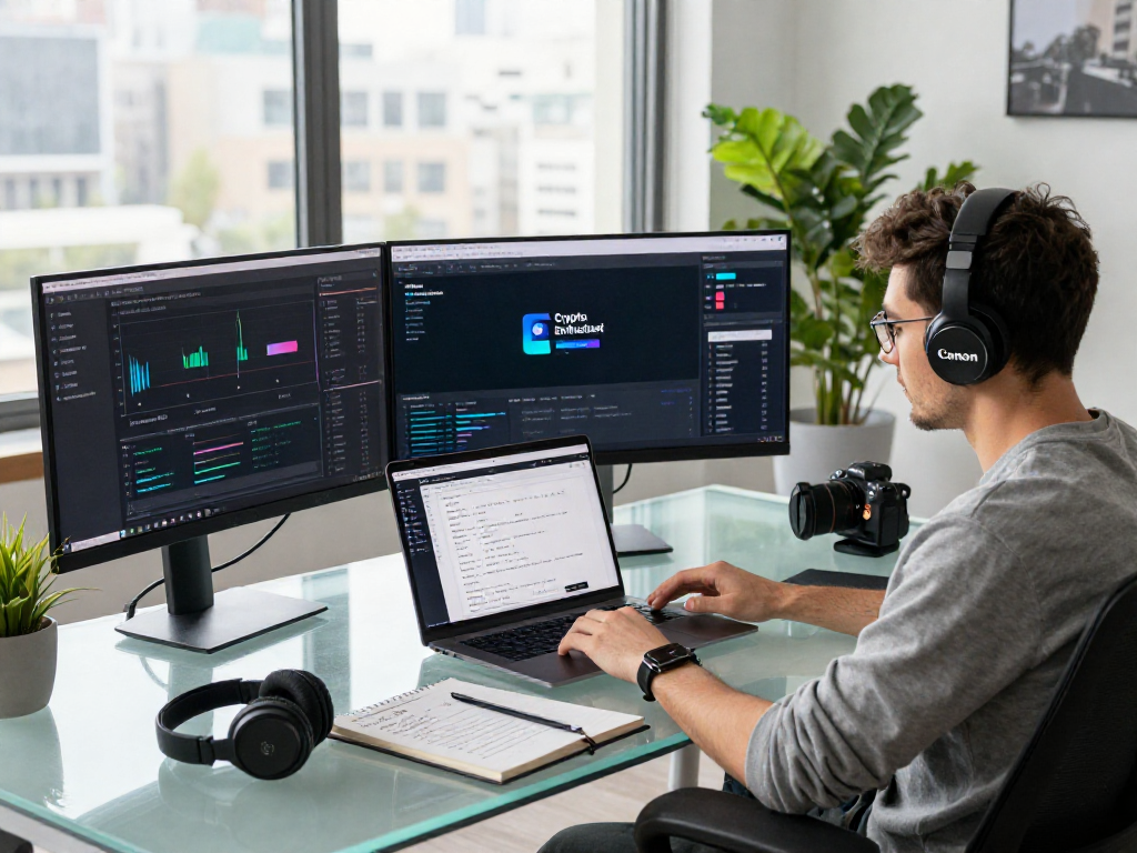 Tornado Cash workspace featuring a developer interacting with blockchain technology and privacy features, illustrating financial innovation in 2026.