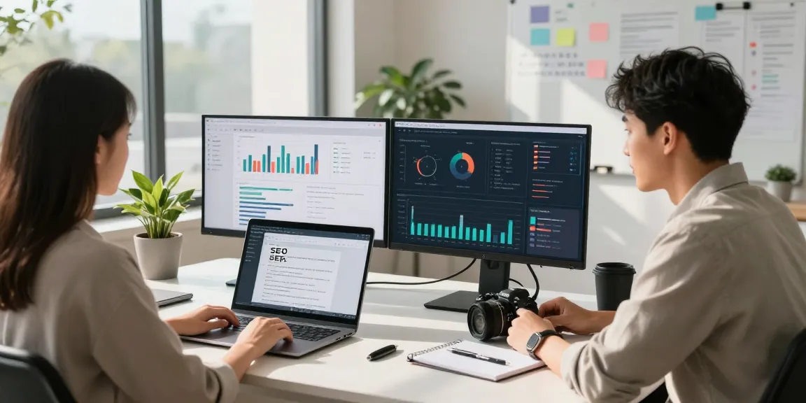 Content strategist analyzing AI SEO tools in a modern workspace with multiple screens displaying analytics and strategies