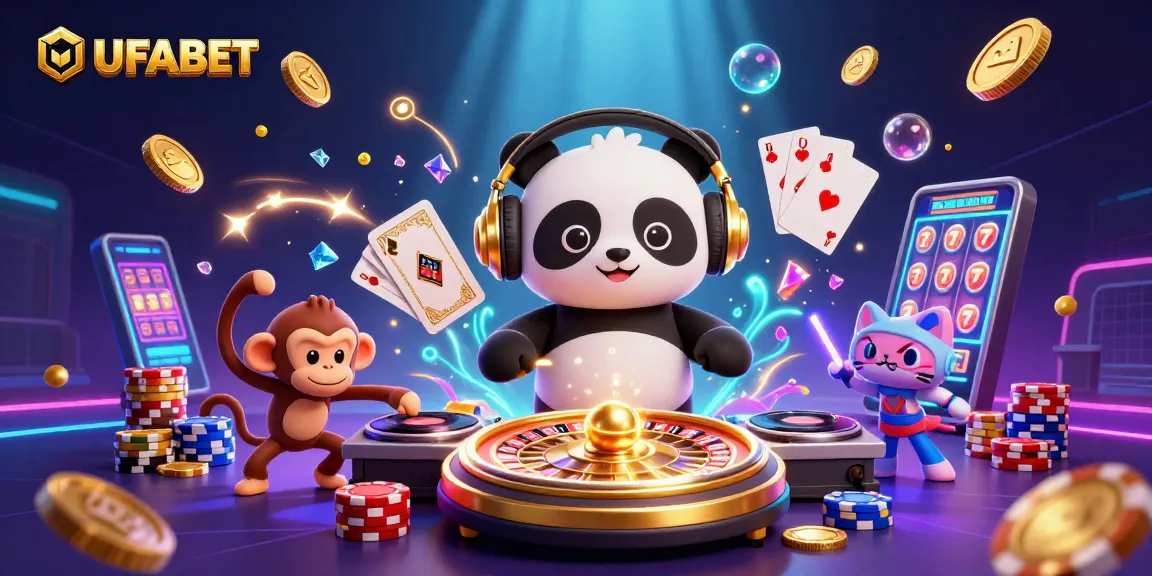 Experience the excitement at UFABET with a 3D vibrant casino scene featuring animated characters and engaging game elements.