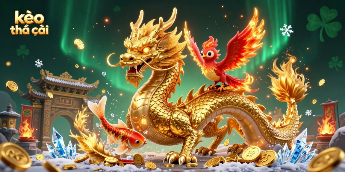 Engage with kèo nhà cái through a lively 3D illustration featuring a golden dragon and phoenix.